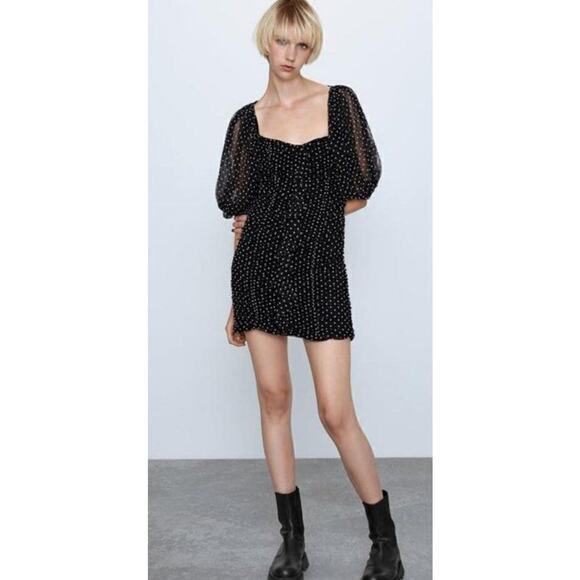 NWT Zara Tulle Dot Dress Black & White Polka Dot Ruched Dress Size S - Picture 1 of 10